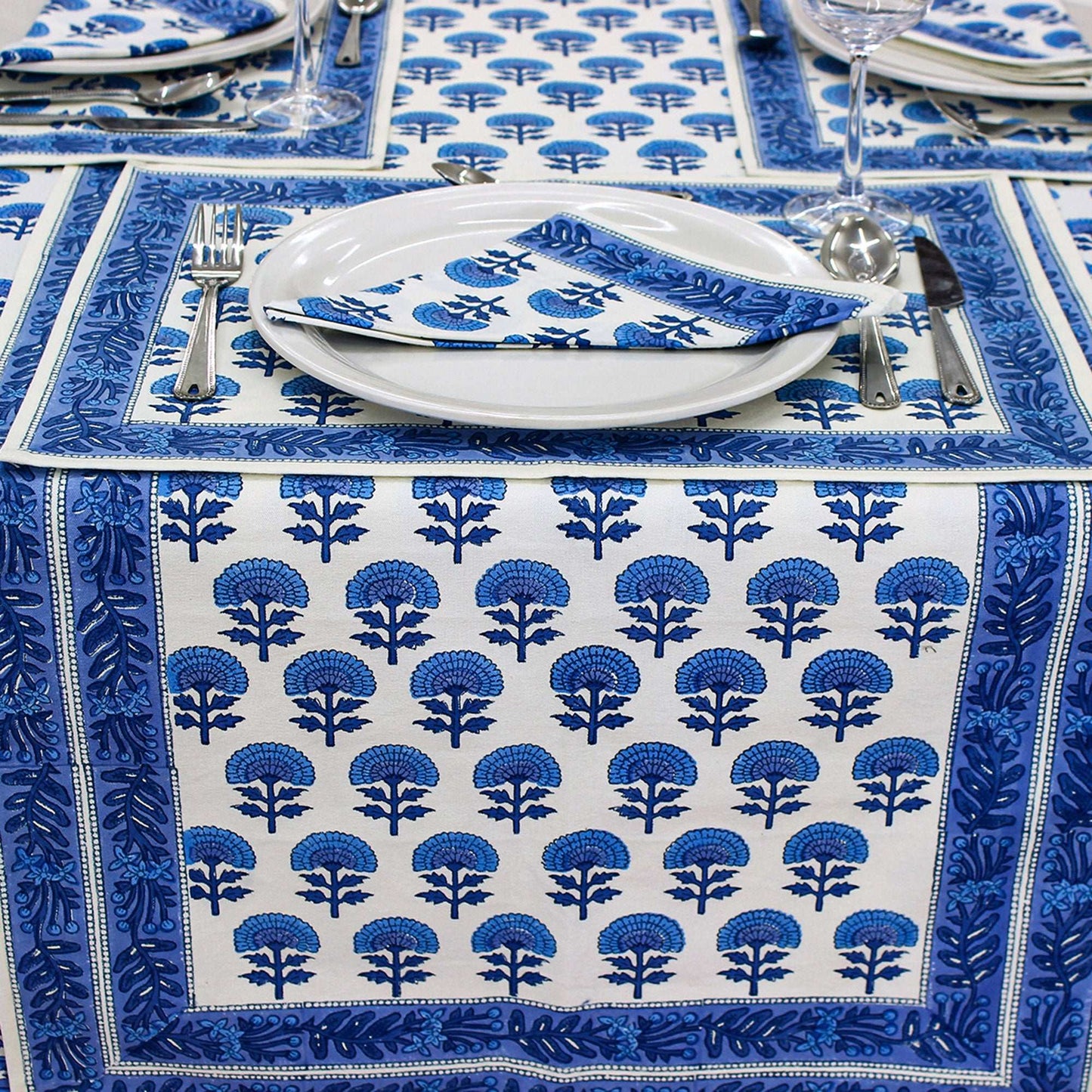White and Blue Hand Block Printed Cotton Tablecloth - My Store