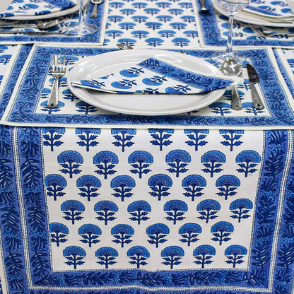 White and Blue Hand Block Printed Cotton Tablecloth - My Store