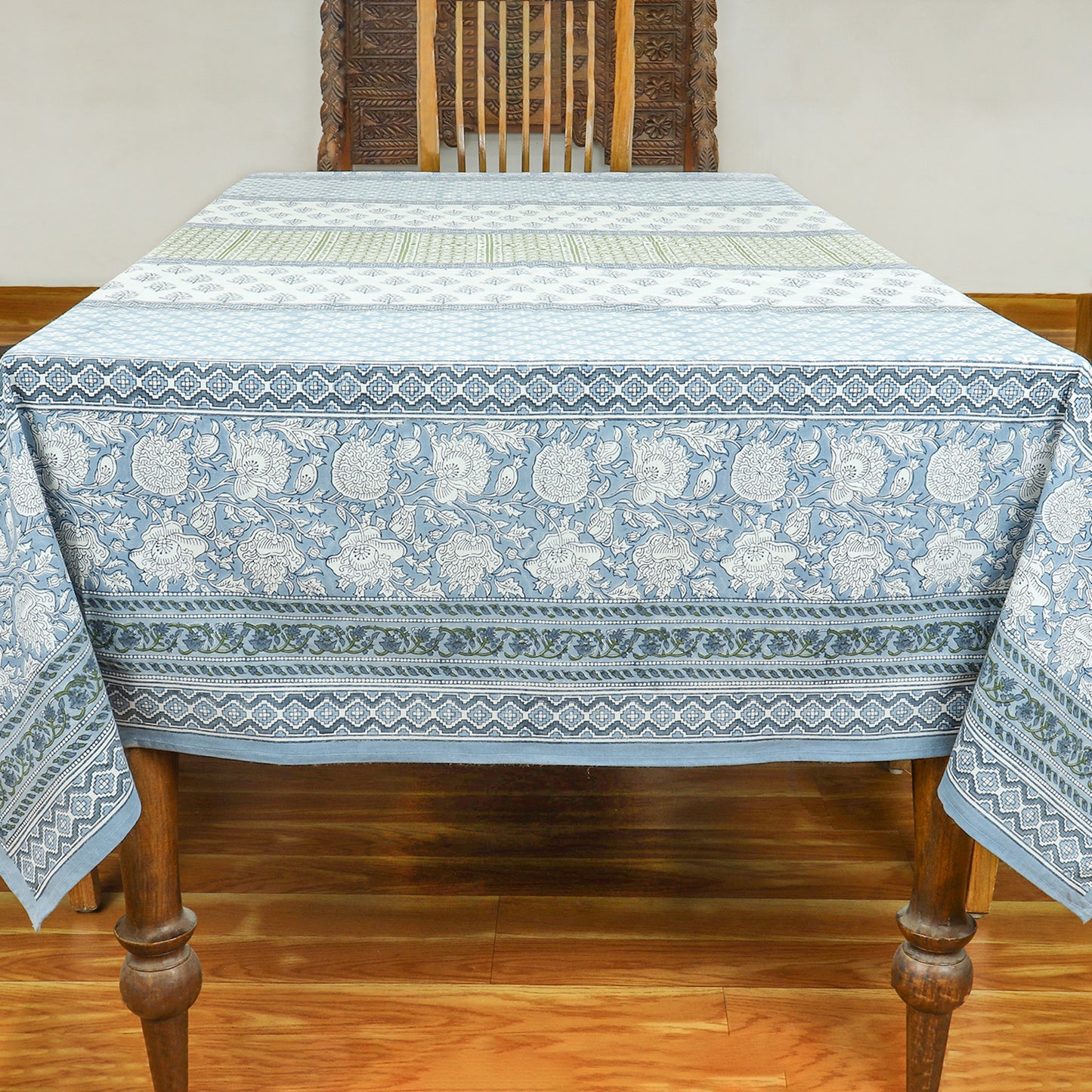 Handmade Block Printed Cotton Grey White Tablecloth For Dinning Decor - My Store