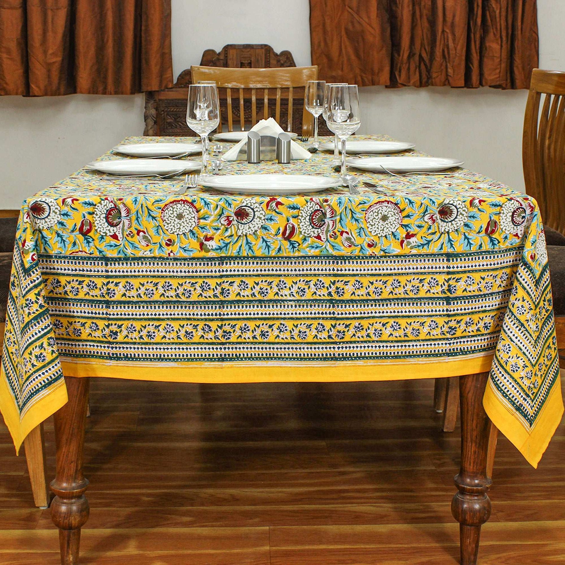 Yellow and White Hand Block Printed tablecloth Floral Cotton Table Cover - My Store