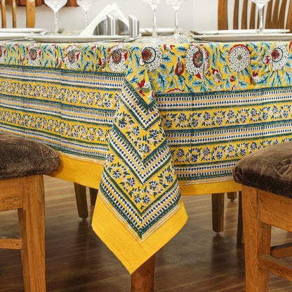 Yellow and White Hand Block Printed tablecloth Floral Cotton Table Cover - My Store