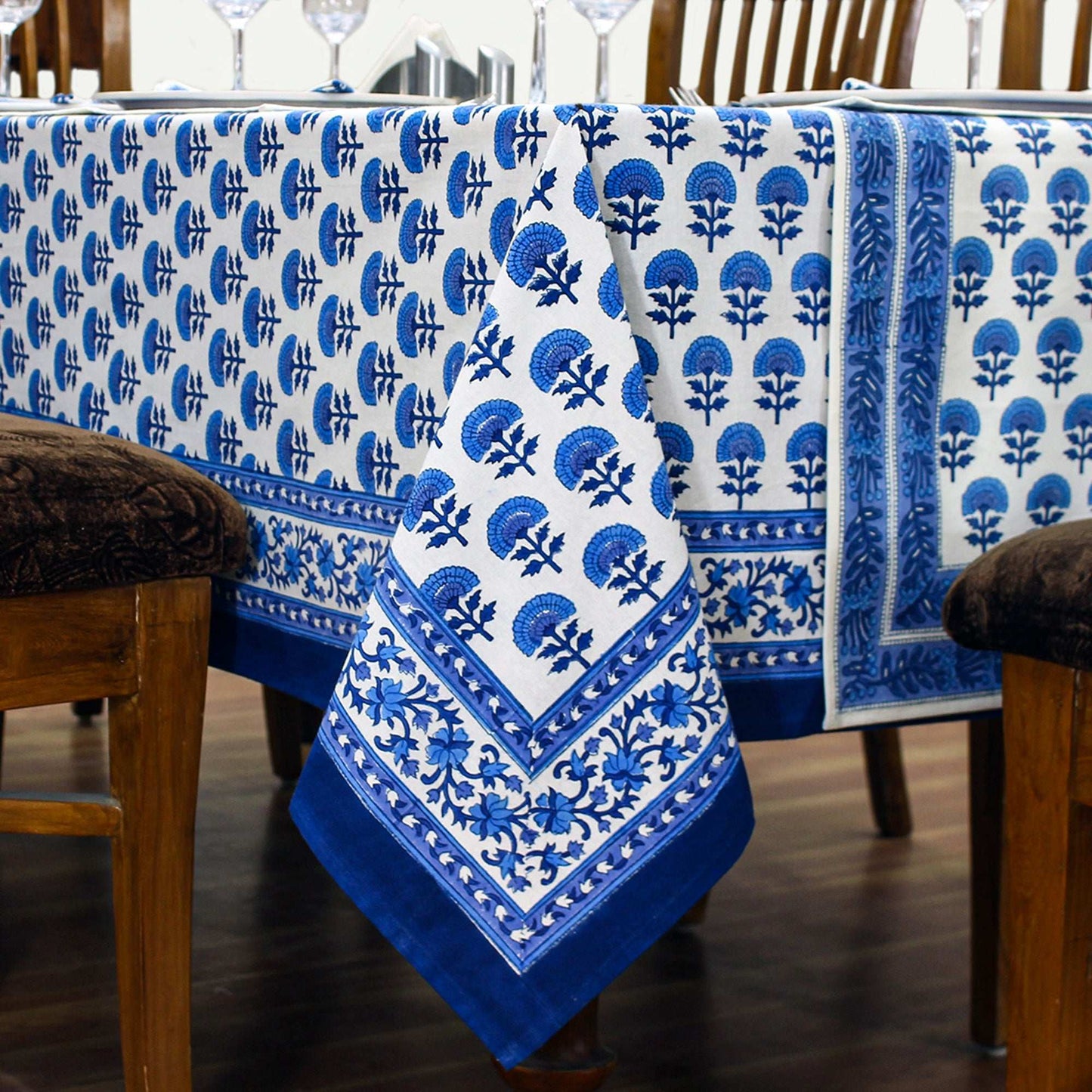 White and Blue Hand Block Printed Cotton Tablecloth - My Store