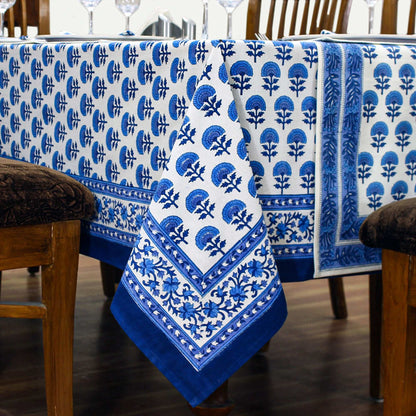White and Blue Hand Block Printed Cotton Tablecloth - My Store
