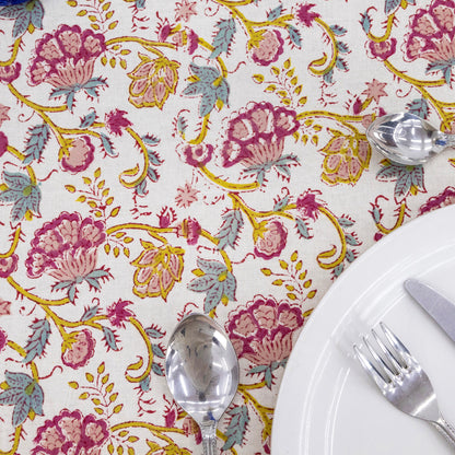 Indian Handmade Block Printed Cotton Pink and Yellow Rectangle Tablecloth - My Store