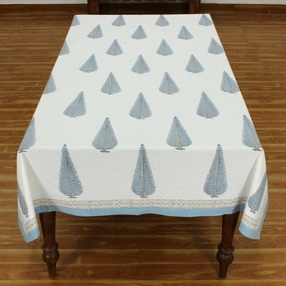 White and Blue Indian Hand Block Floral Printed Cotton Tablecloth with Border design - My Store
