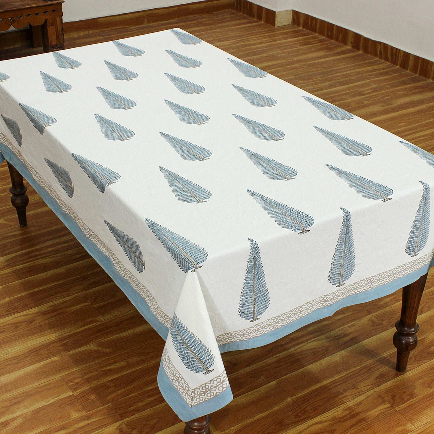 White and Blue Indian Hand Block Floral Printed Cotton Tablecloth with Border design - My Store