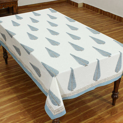 White and Blue Indian Hand Block Floral Printed Cotton Tablecloth with Border design - My Store