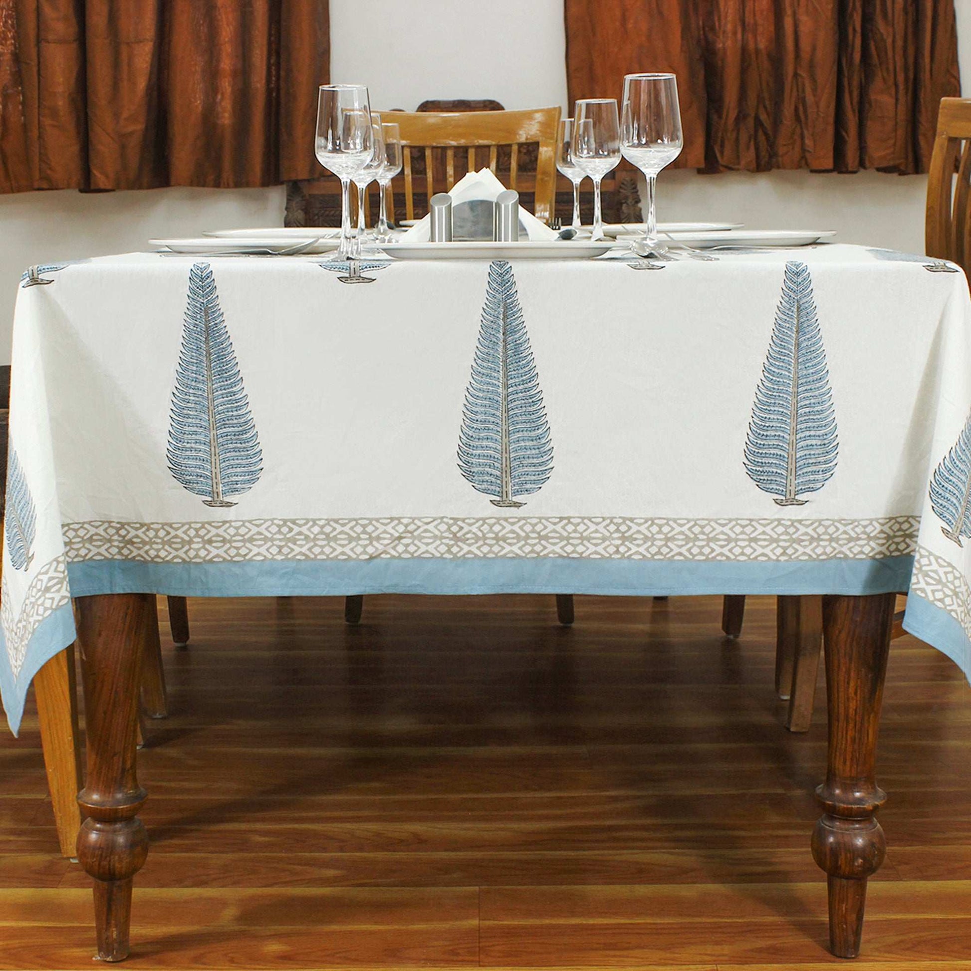 White and Blue Indian Hand Block Floral Printed Cotton Tablecloth with Border design - My Store