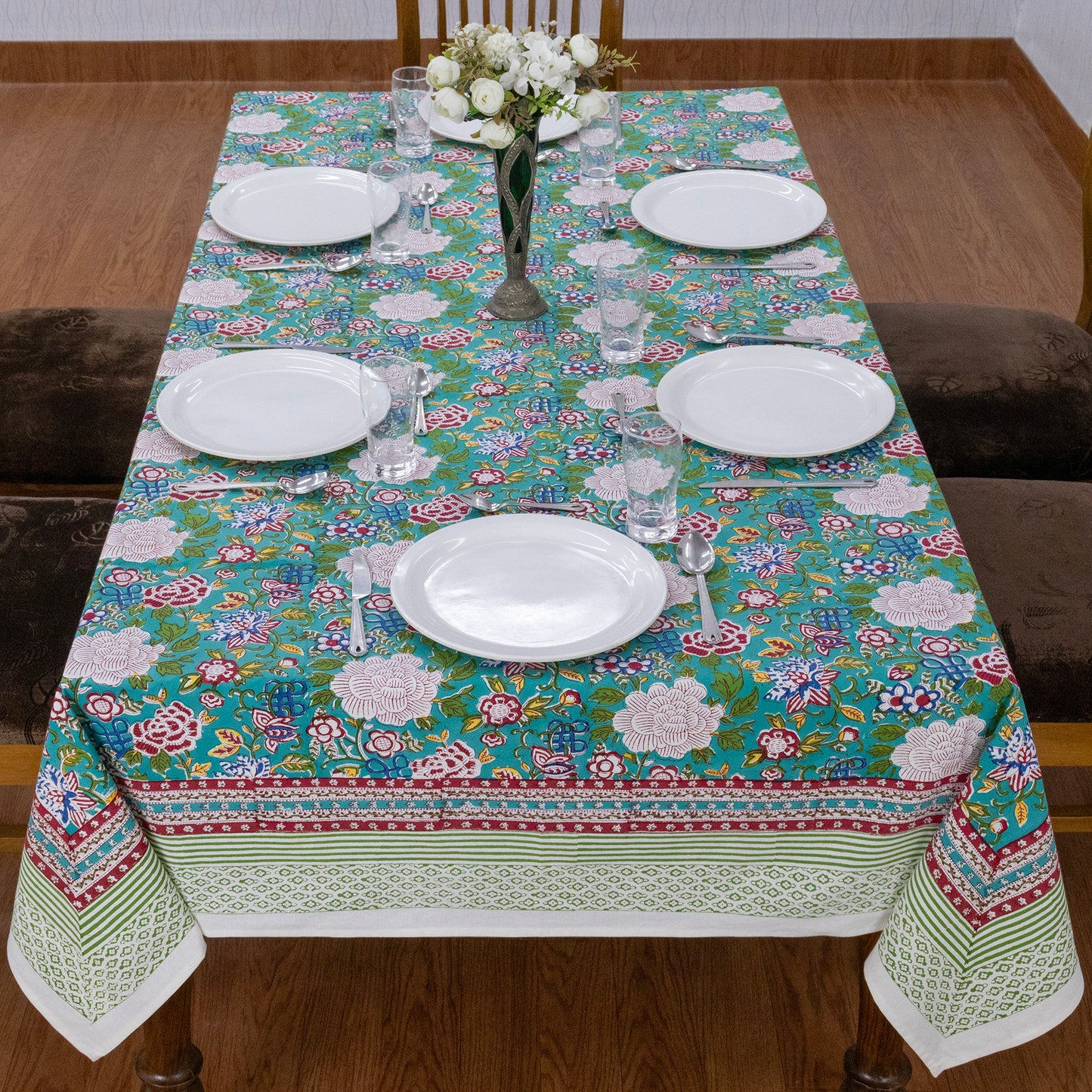 Indian Handmade Block Printed Cotton Green and Pink Rectangle Tablecloth - My Store