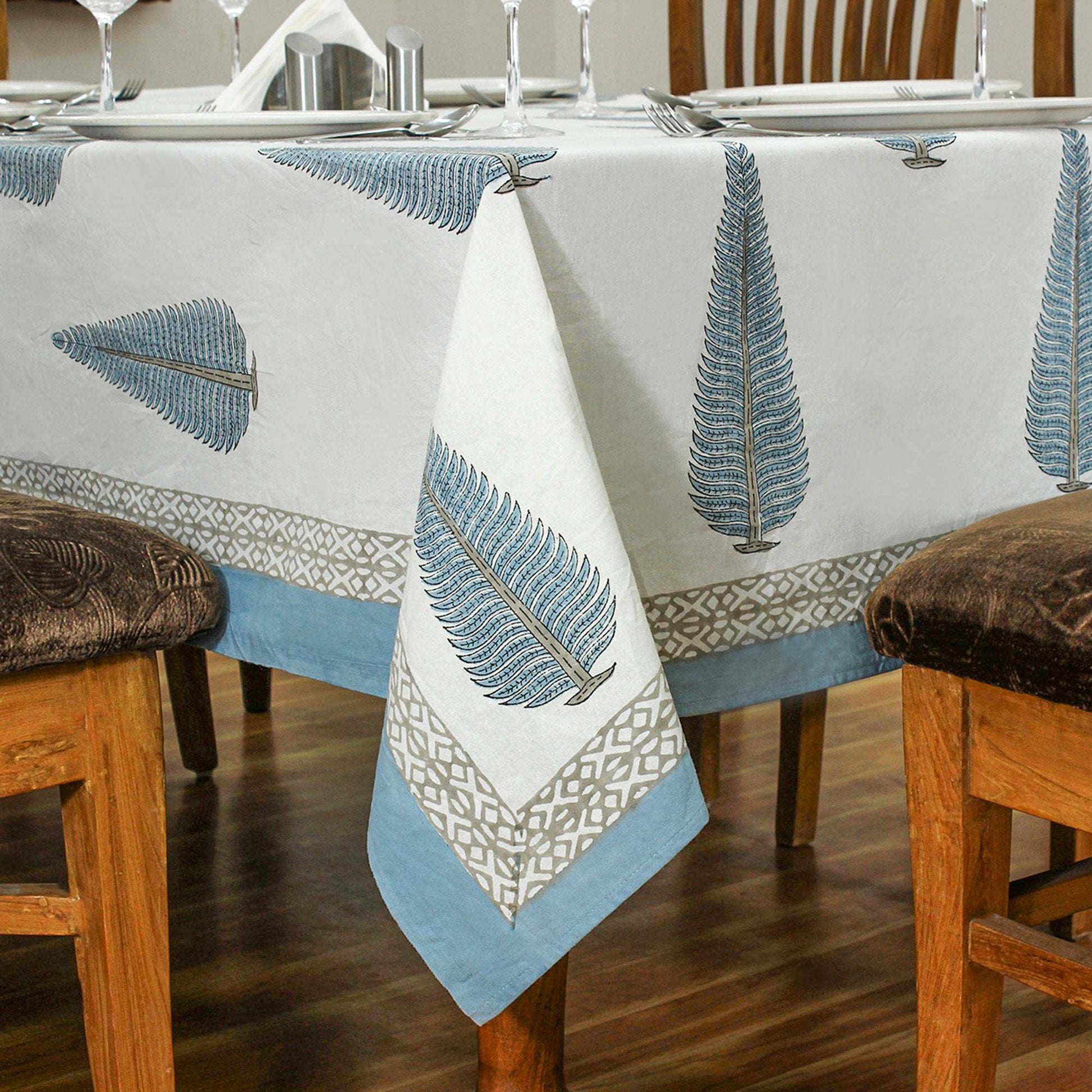 White and Blue Indian Hand Block Floral Printed Cotton Tablecloth with Border design - My Store