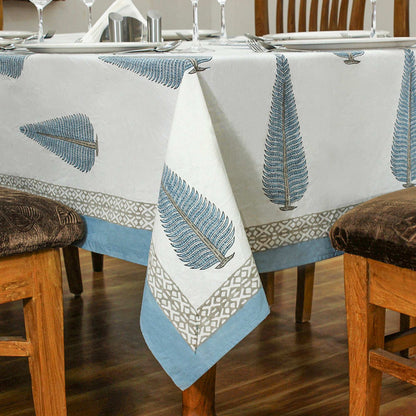 White and Blue Indian Hand Block Floral Printed Cotton Tablecloth with Border design - My Store