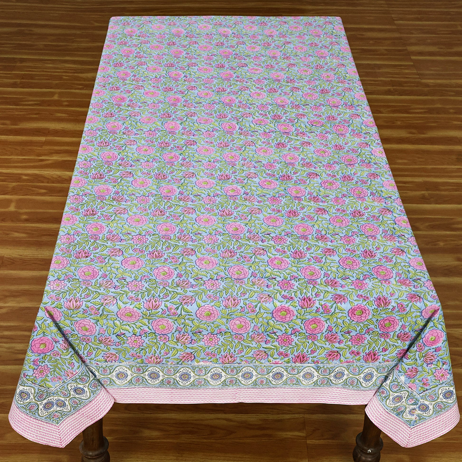 Indian Hand Block Printed Floral Rectangle Pink and Green Tablecloth - My Store