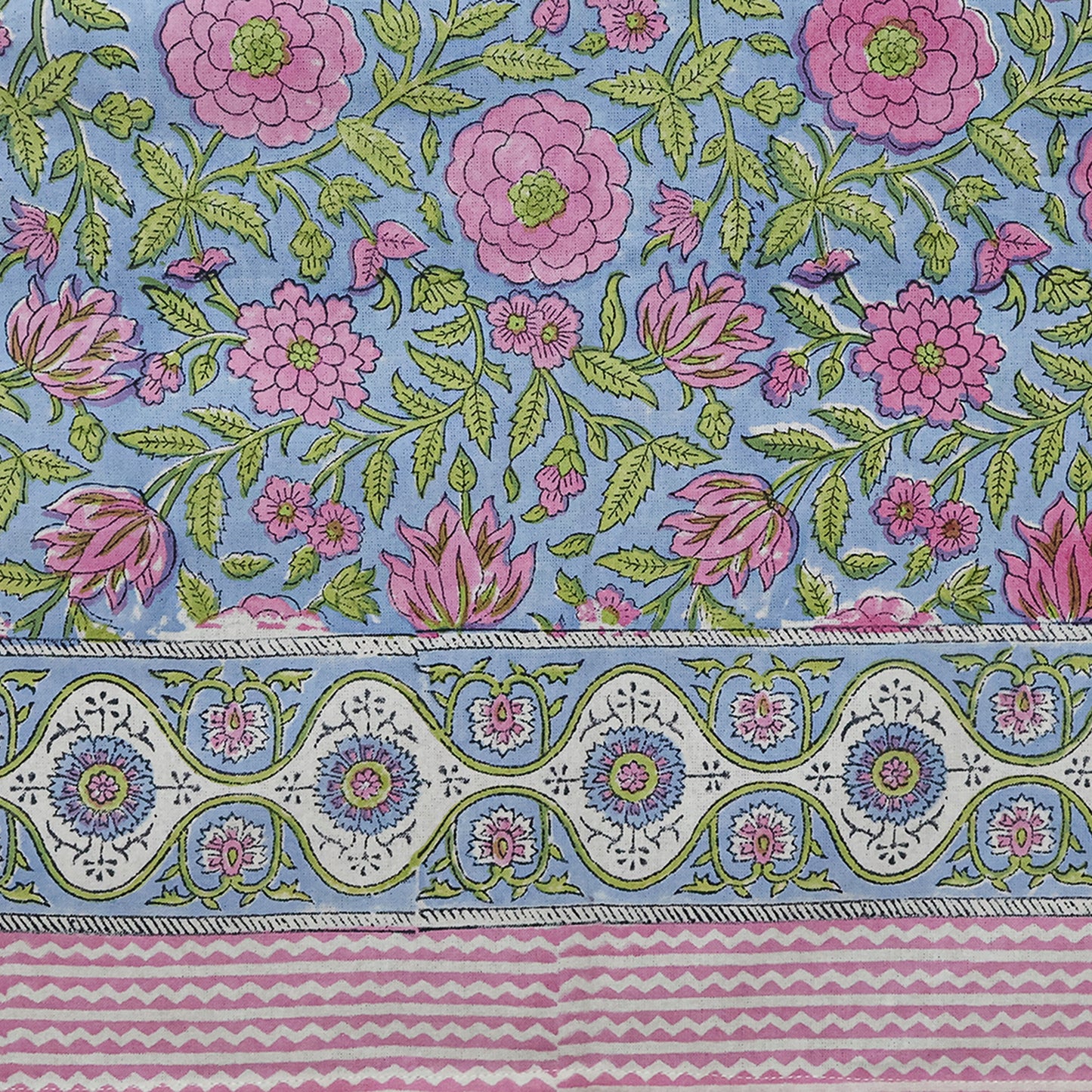 Indian Hand Block Printed Floral Rectangle Pink and Green Tablecloth - My Store
