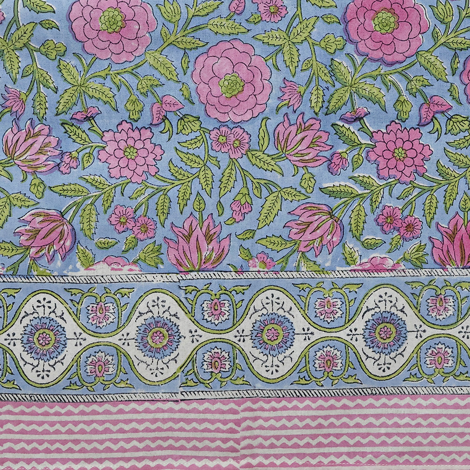 Indian Hand Block Printed Floral Rectangle Pink and Green Tablecloth - My Store