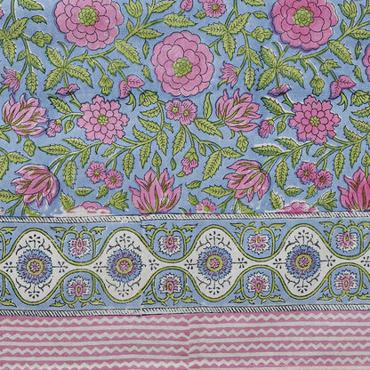 Indian Hand Block Printed Floral Rectangle Pink and Green Tablecloth - My Store