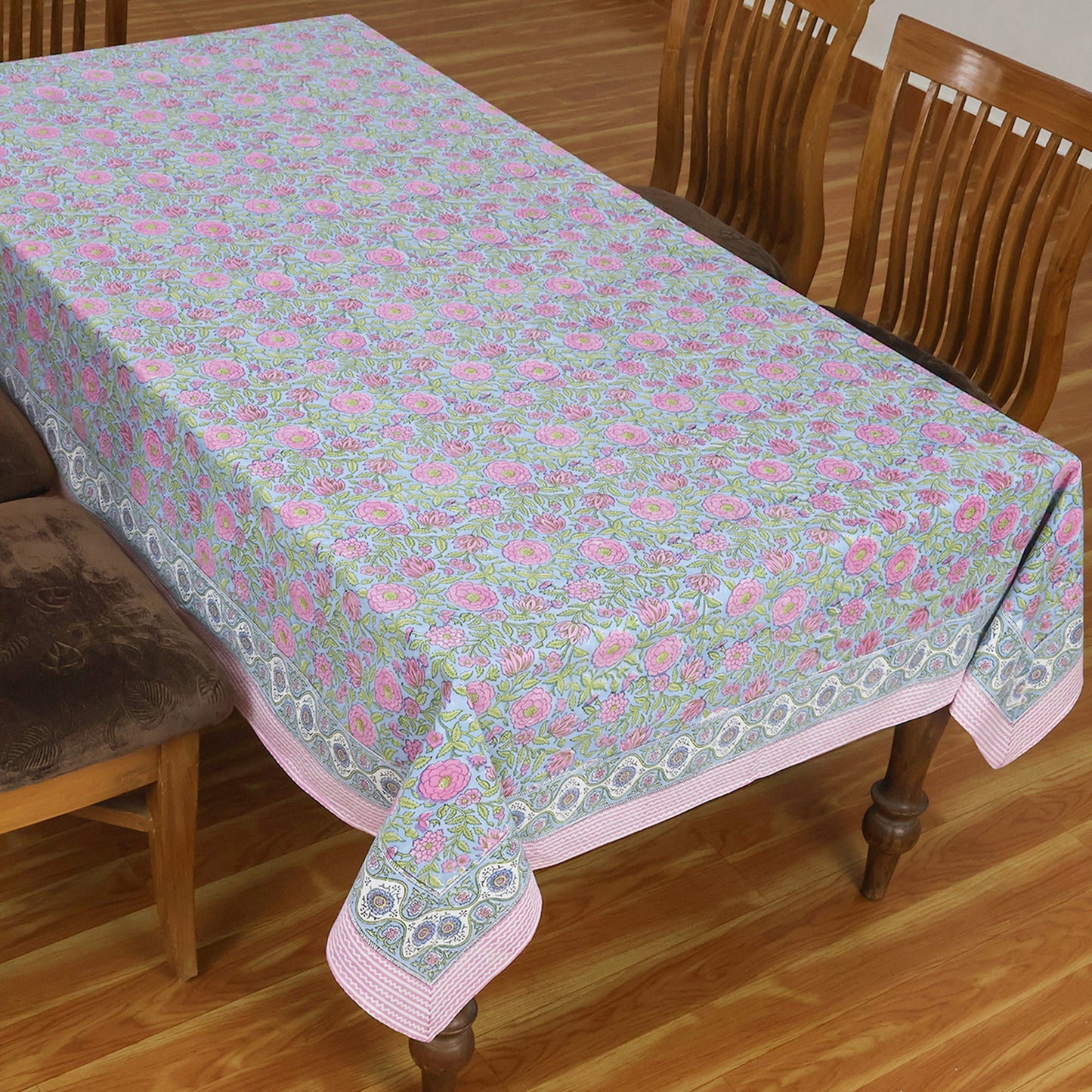 Indian Hand Block Printed Floral Rectangle Pink and Green Tablecloth - My Store