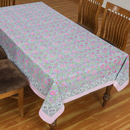 Indian Hand Block Printed Floral Rectangle Pink and Green Tablecloth - My Store