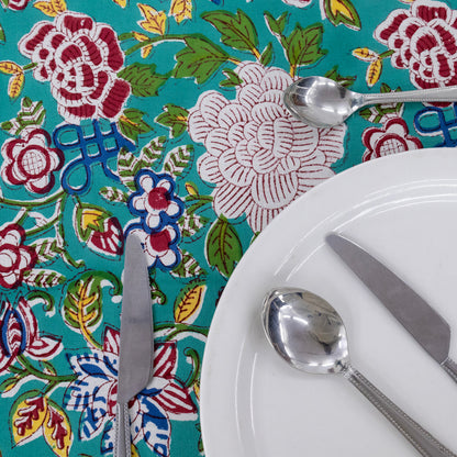 Indian Handmade Block Printed Cotton Green and Pink Rectangle Tablecloth - My Store