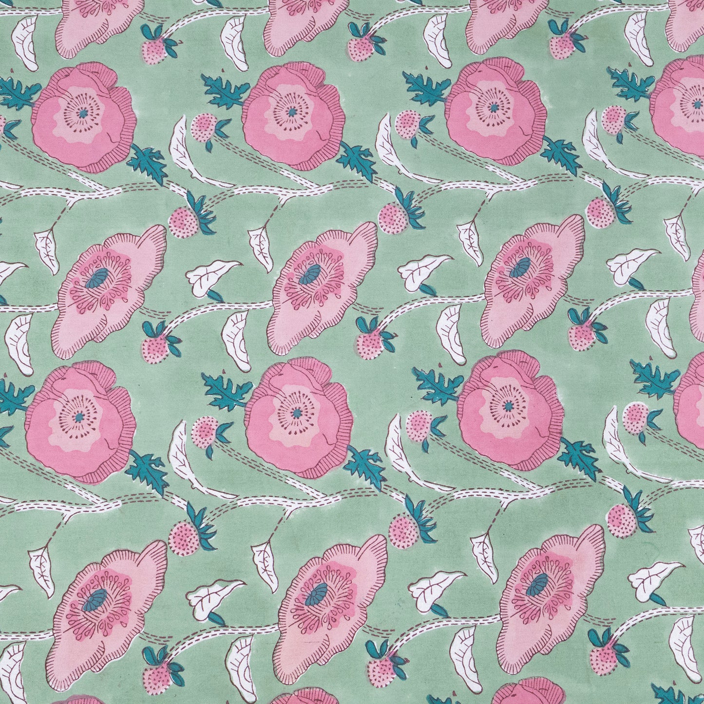 Green Pink Floral Indian Hand Block Printed Cotton Tablecloth - My Store