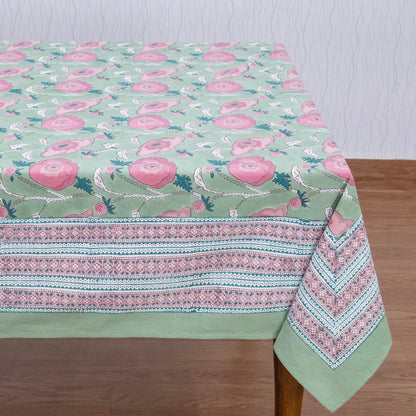 Green Pink Floral Indian Hand Block Printed Cotton Tablecloth - My Store