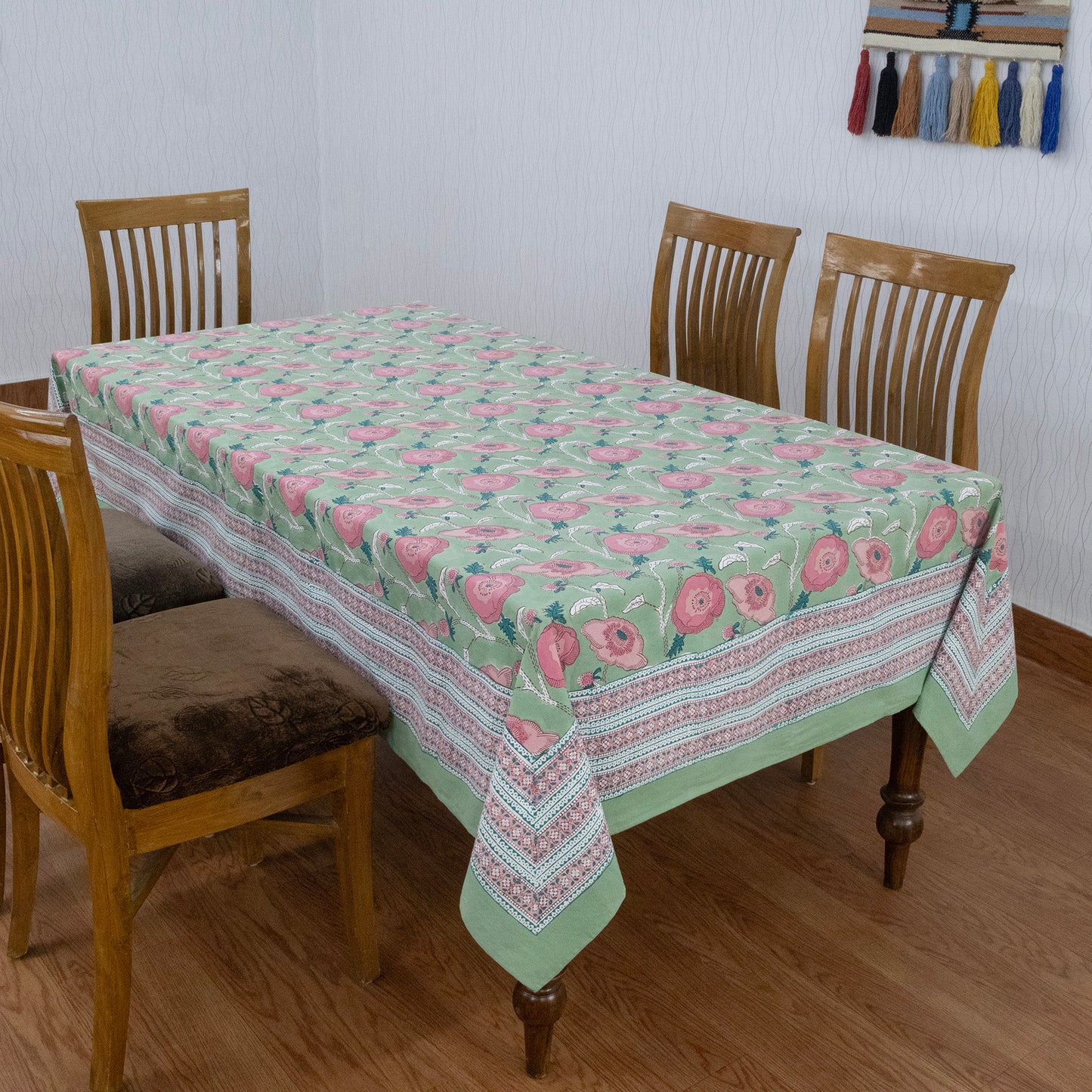 Green Pink Floral Indian Hand Block Printed Cotton Tablecloth - My Store