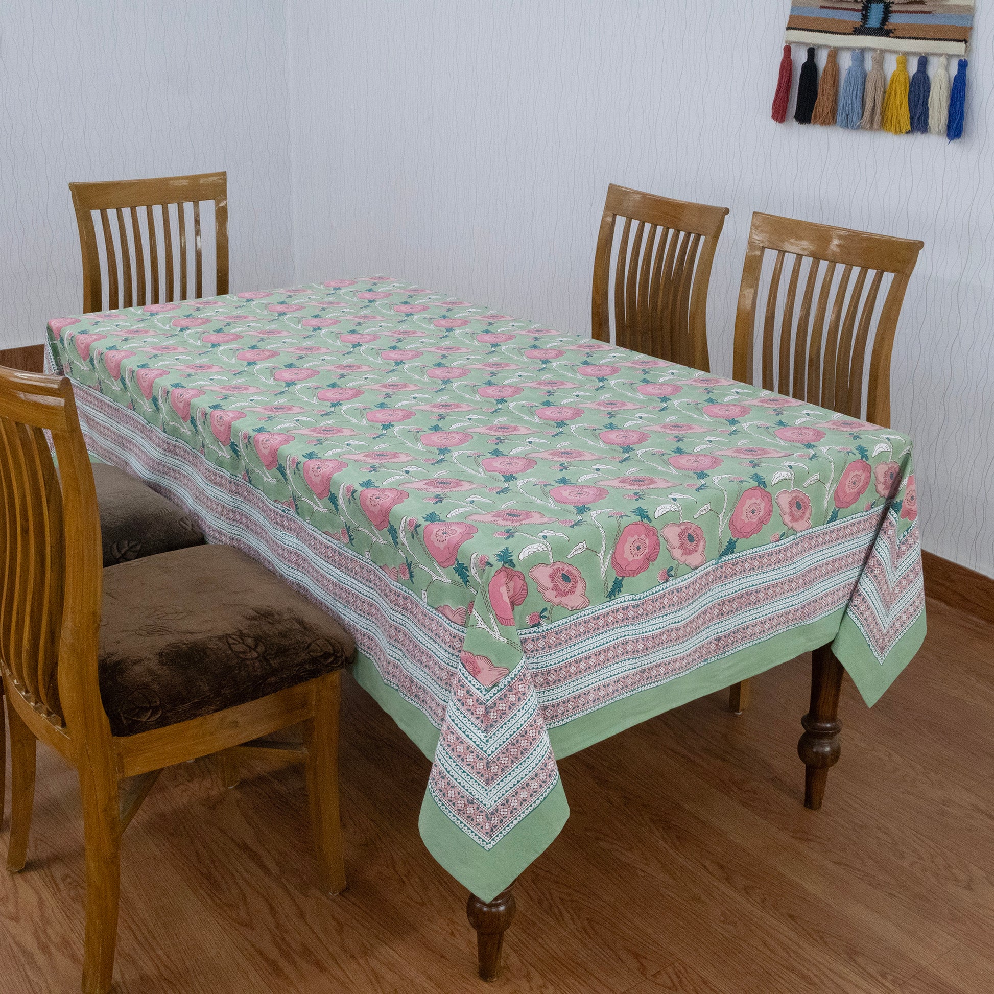 Green Pink Floral Indian Hand Block Printed Cotton Tablecloth - My Store