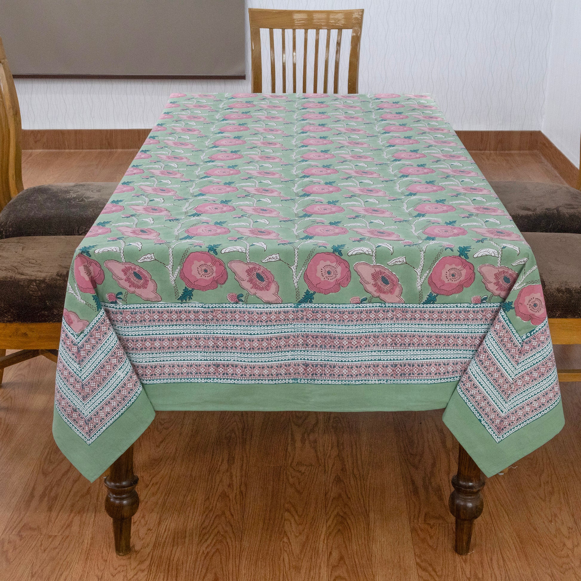 Green Pink Floral Indian Hand Block Printed Cotton Tablecloth - My Store