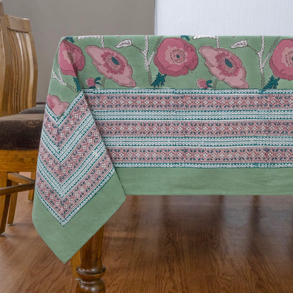 Green Pink Floral Indian Hand Block Printed Cotton Tablecloth - My Store