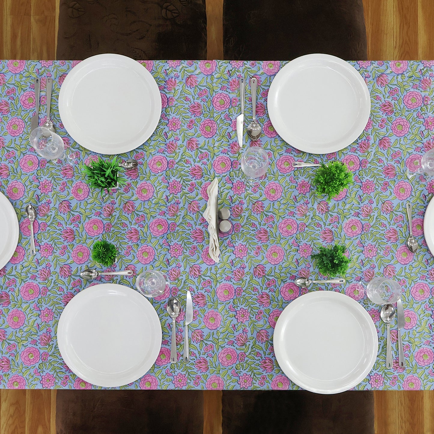 Indian Hand Block Printed Floral Rectangle Pink and Green Tablecloth - My Store