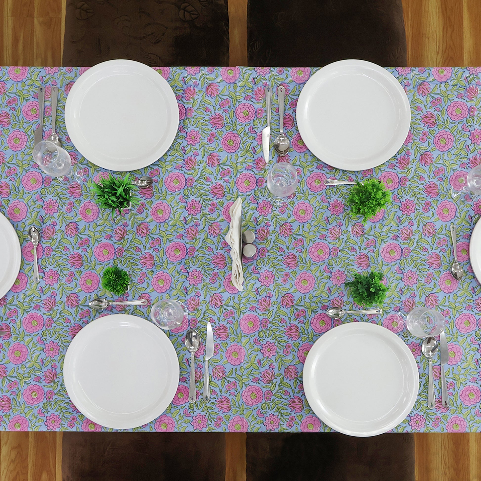 Indian Hand Block Printed Floral Rectangle Pink and Green Tablecloth - My Store