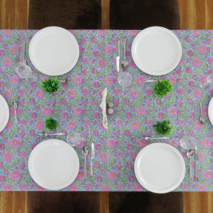 Indian Hand Block Printed Floral Rectangle Pink and Green Tablecloth - My Store