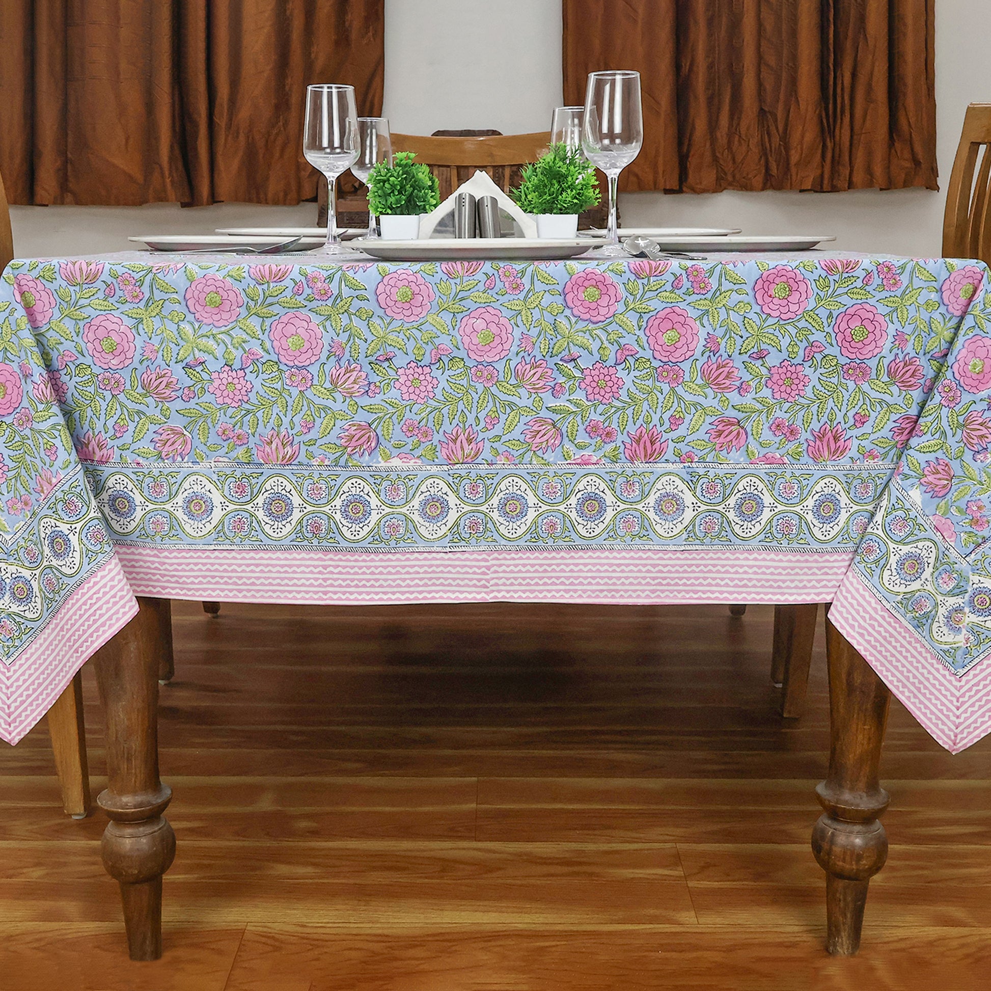 Indian Hand Block Printed Floral Rectangle Pink and Green Tablecloth - My Store