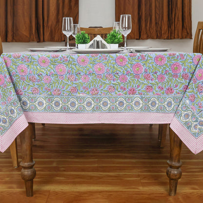 Indian Hand Block Printed Floral Rectangle Pink and Green Tablecloth - My Store