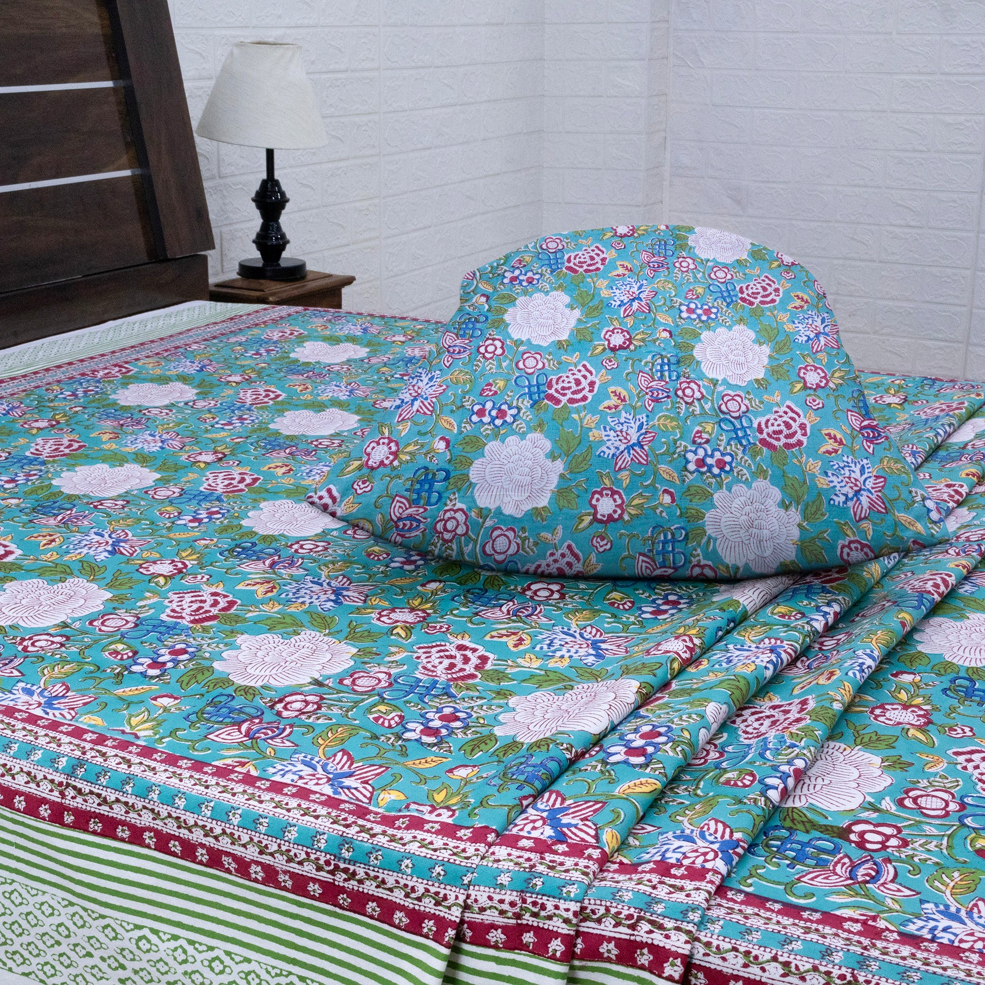 Cotton Bedsheet – Hand Block Floral Print – Green and Pink – King, Queen, Twin Sizes - My Store