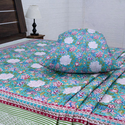 Cotton Bedsheet – Hand Block Floral Print – Green and Pink – King, Queen, Twin Sizes - My Store