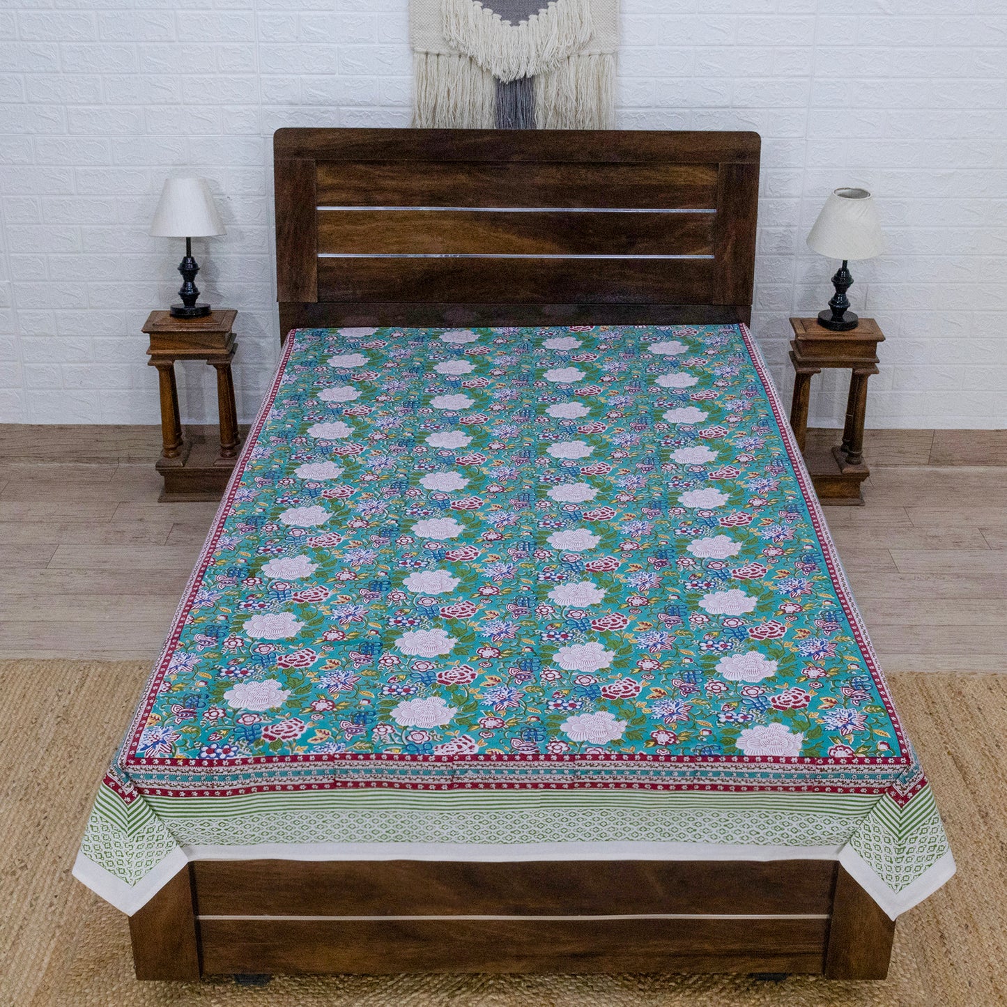 Cotton Bedsheet – Hand Block Floral Print – Green and Pink – King, Queen, Twin Sizes - My Store