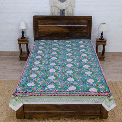 Cotton Bedsheet – Hand Block Floral Print – Green and Pink – King, Queen, Twin Sizes - My Store