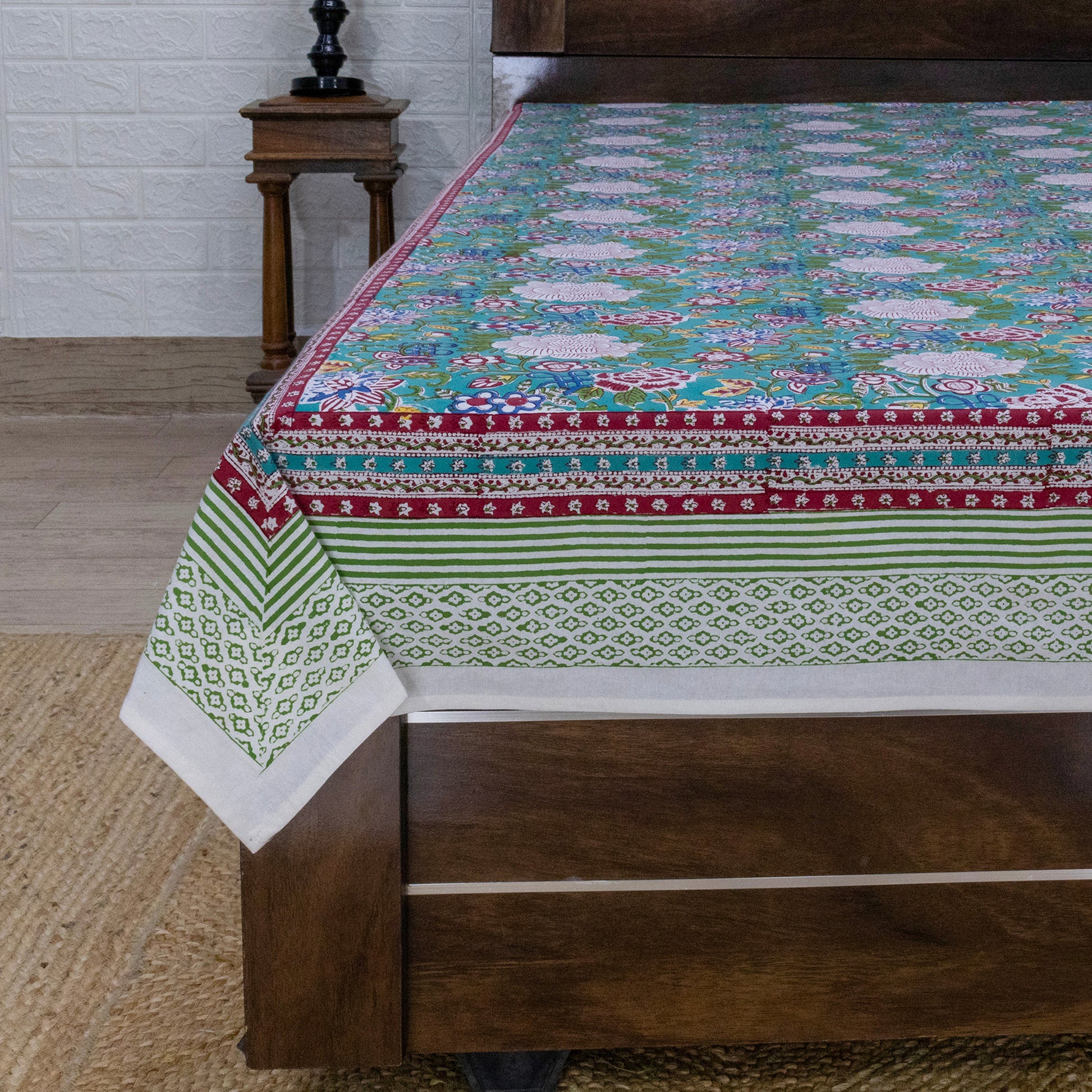 Cotton Bedsheet – Hand Block Floral Print – Green and Pink – King, Queen, Twin Sizes - My Store