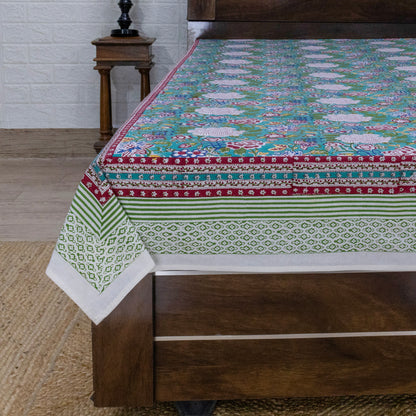 Cotton Bedsheet – Hand Block Floral Print – Green and Pink – King, Queen, Twin Sizes - My Store