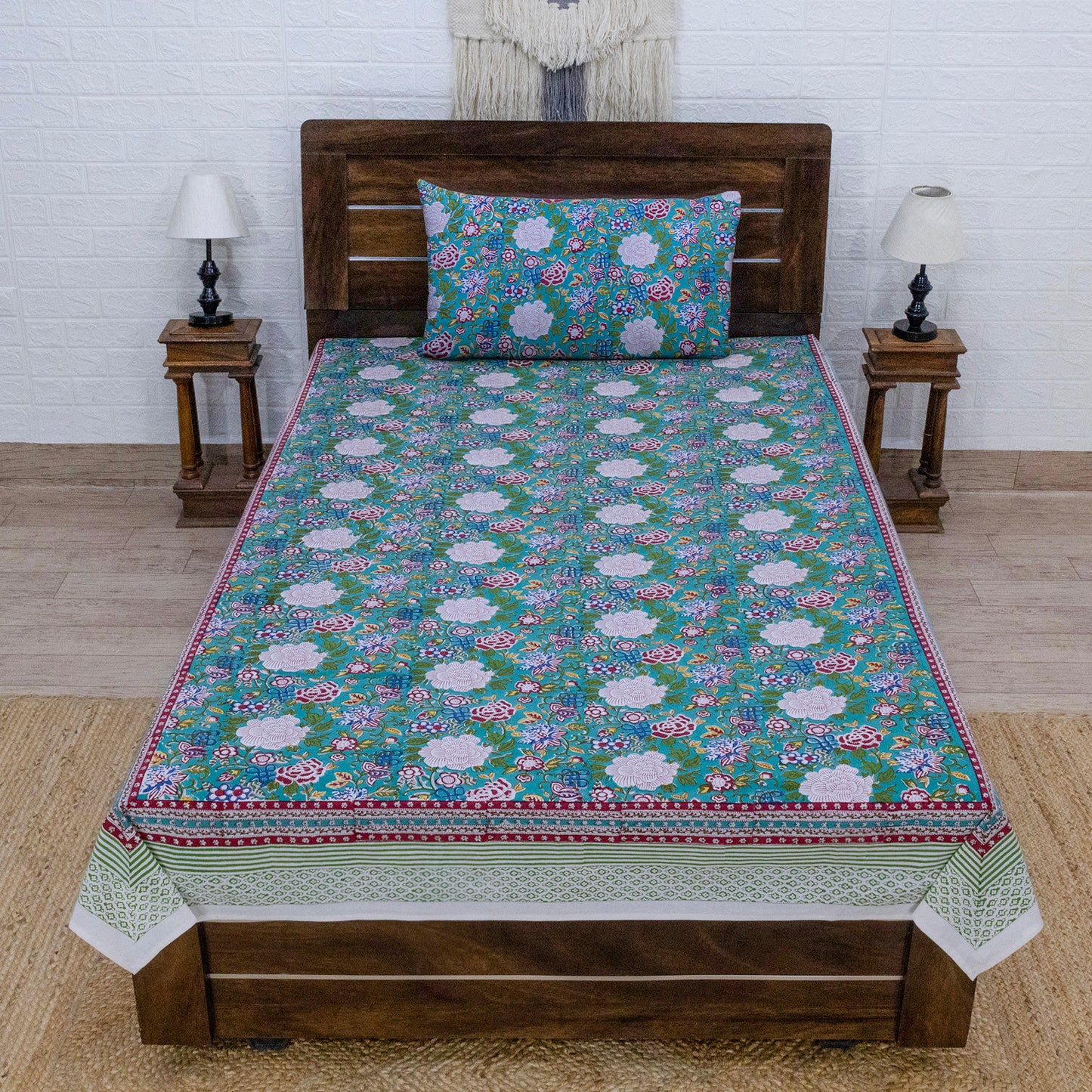 Cotton Bedsheet – Hand Block Floral Print – Green and Pink – King, Queen, Twin Sizes - My Store
