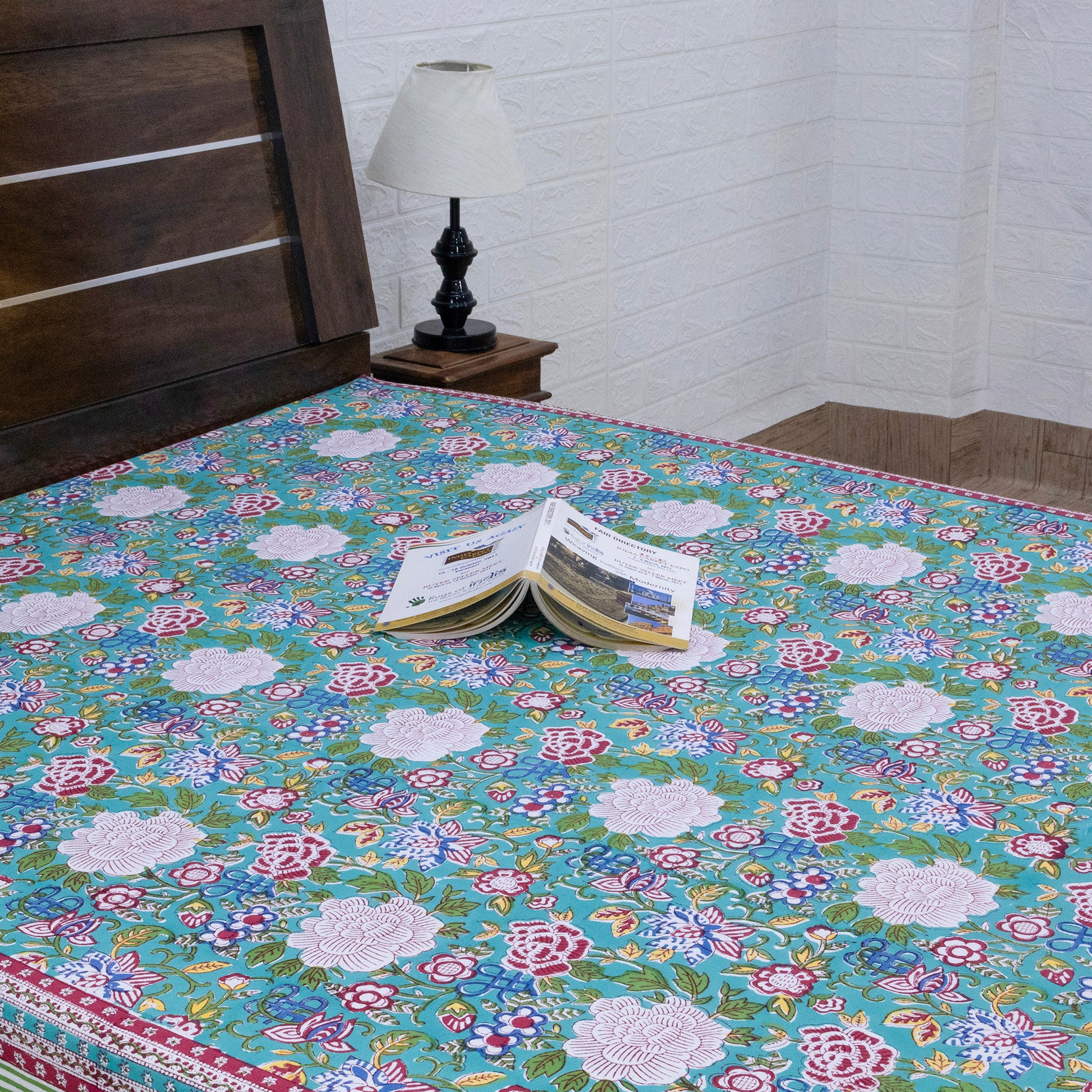 Cotton Bedsheet – Hand Block Floral Print – Green and Pink – King, Queen, Twin Sizes - My Store