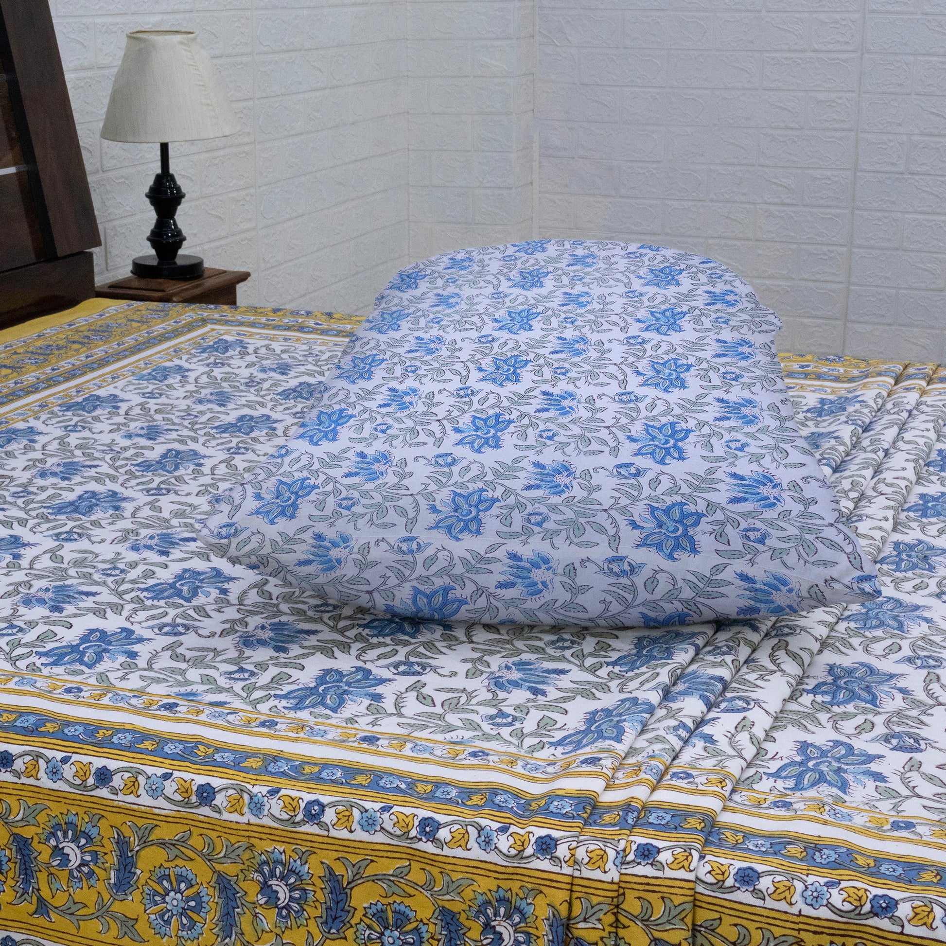 Cotton Bedsheet – Hand Block Floral Print – Blue and Yellow – King, Queen, Twin Sizes - My Store