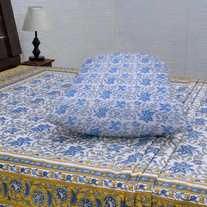 Cotton Bedsheet – Hand Block Floral Print – Blue and Yellow – King, Queen, Twin Sizes - My Store