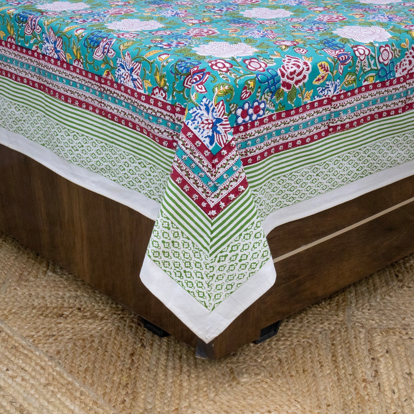 Cotton Bedsheet – Hand Block Floral Print – Green and Pink – King, Queen, Twin Sizes - My Store