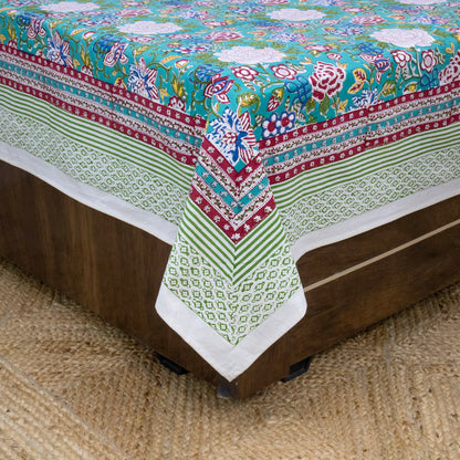 Cotton Bedsheet – Hand Block Floral Print – Green and Pink – King, Queen, Twin Sizes - My Store