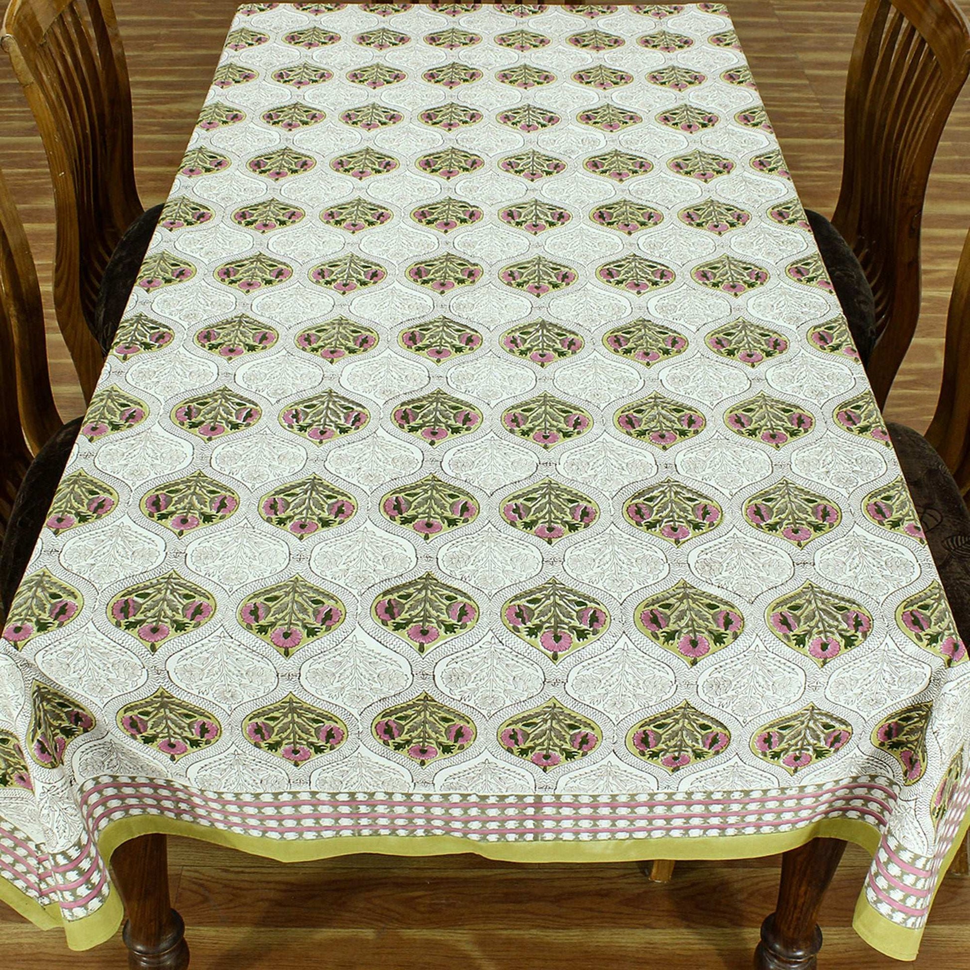 Yellow Indian Hand Block Printed Cotton Cloth Tablecloth With Floral Border - My Store