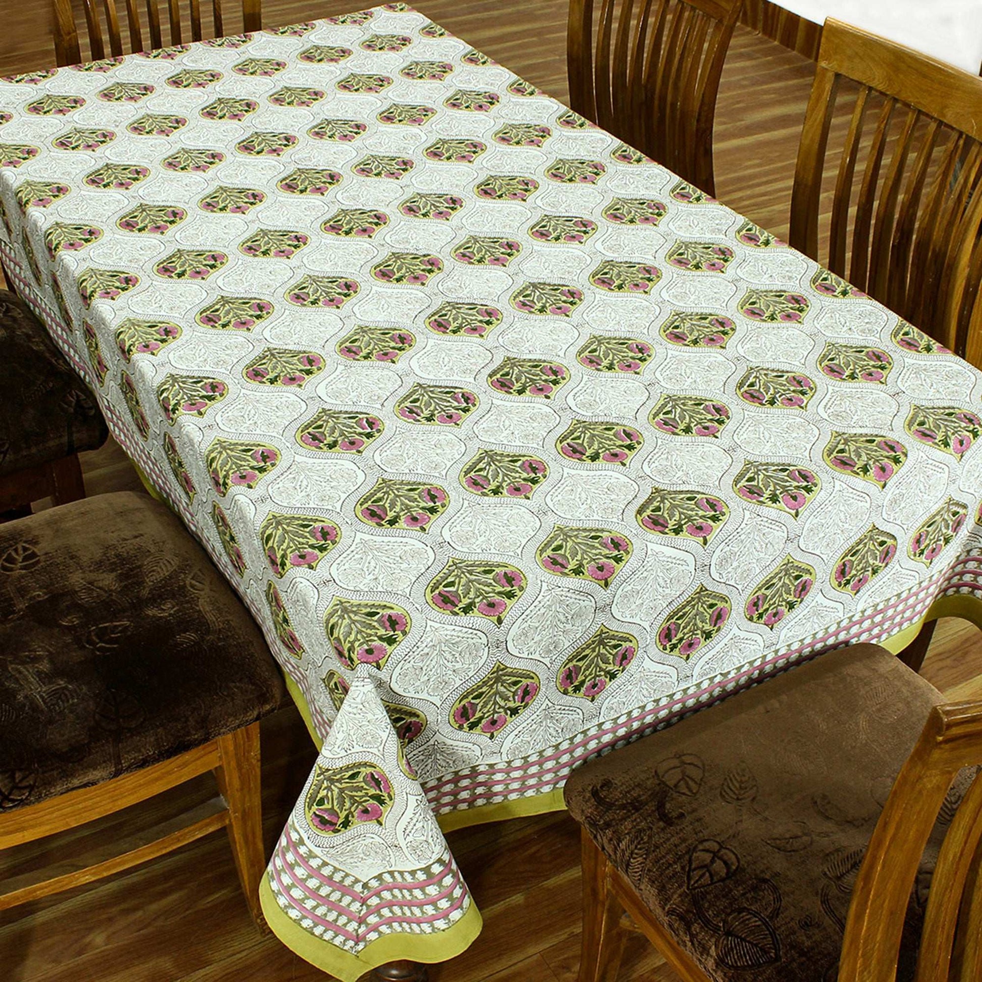 Yellow Indian Hand Block Printed Cotton Cloth Tablecloth With Floral Border - My Store