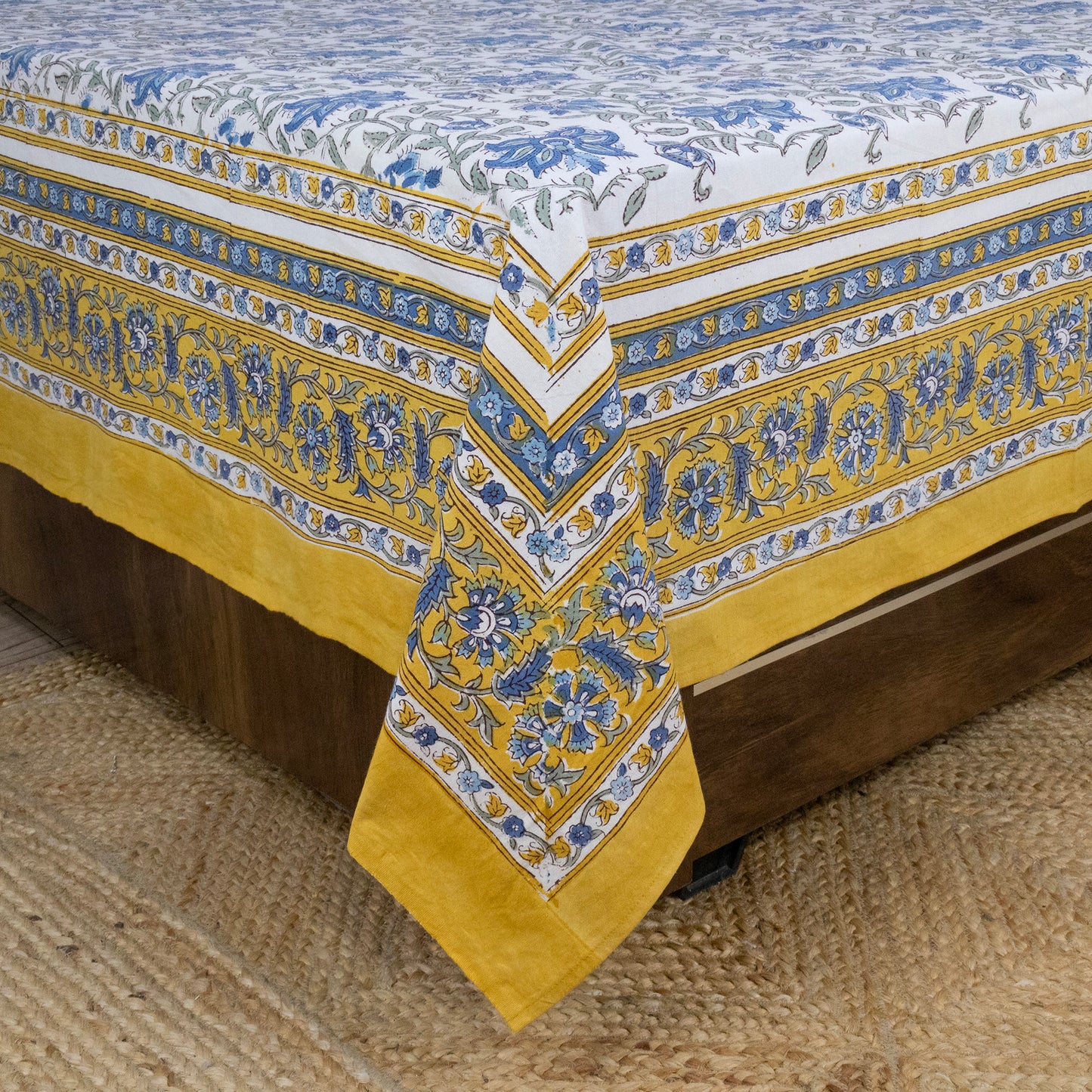 Cotton Bedsheet – Hand Block Floral Print – Blue and Yellow – King, Queen, Twin Sizes - My Store