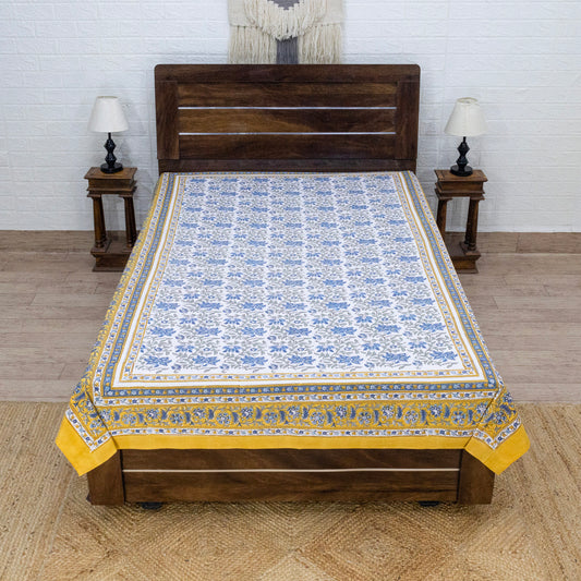 Cotton Bedsheet – Hand Block Floral Print – Blue and Yellow – King, Queen, Twin Sizes - My Store