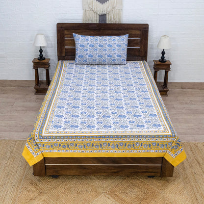 Cotton Bedsheet – Hand Block Floral Print – Blue and Yellow – King, Queen, Twin Sizes - My Store